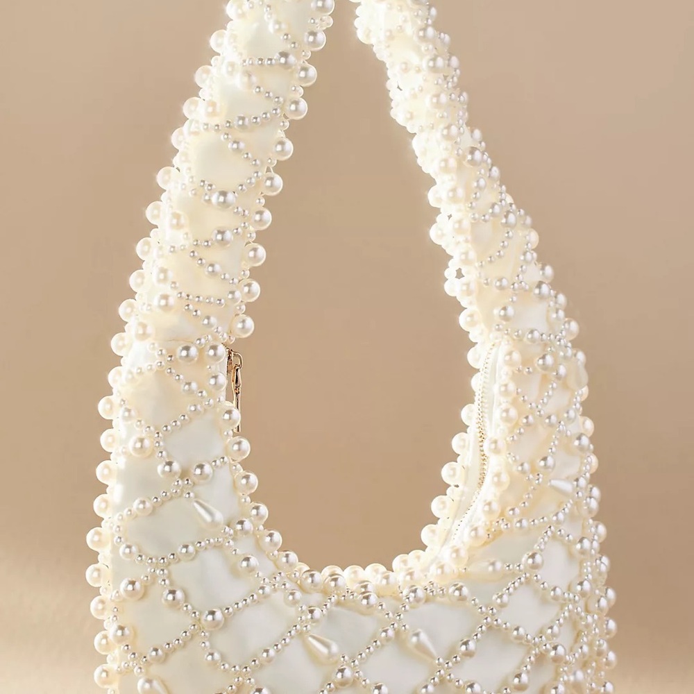 Elegant Pearl-Embellished Cream Satin Handbag